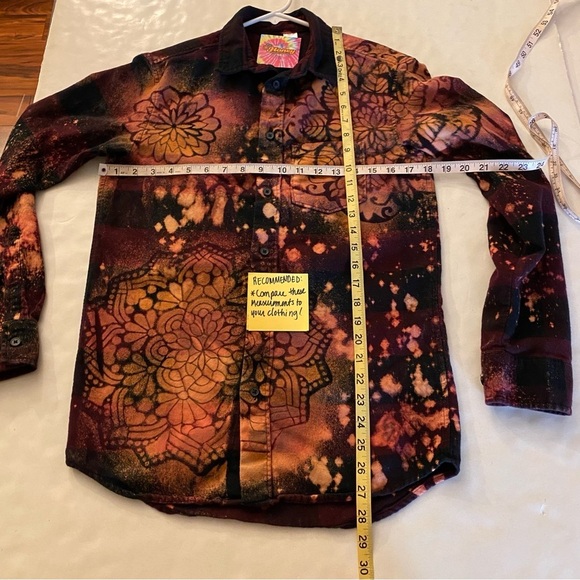 Handmade Flannel Shirt Womens XS Boho Stencil Bleached Upcycled Button Down Red - Picture 7 of 9